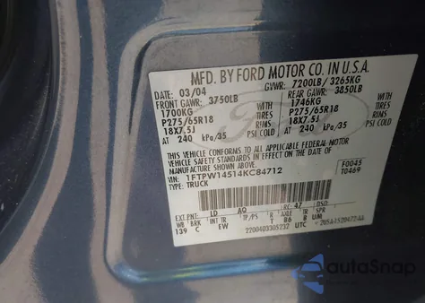 2004 Ford F-150 Fx4/Lariat/Xlt z USA, uszkodzony, nr VIN 1FTPW14514KC84712
